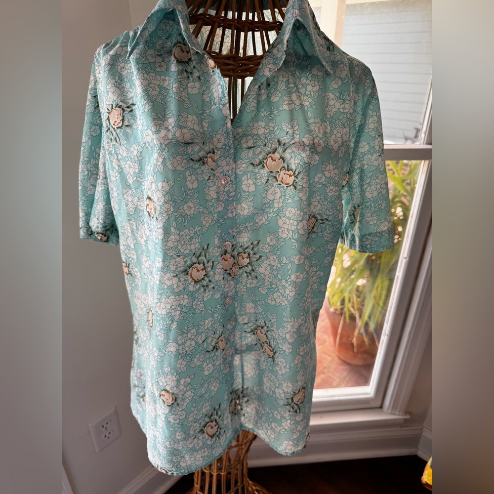 Vintage Floral Button-Up Shirt | 90s | Teal Aqua | Size S